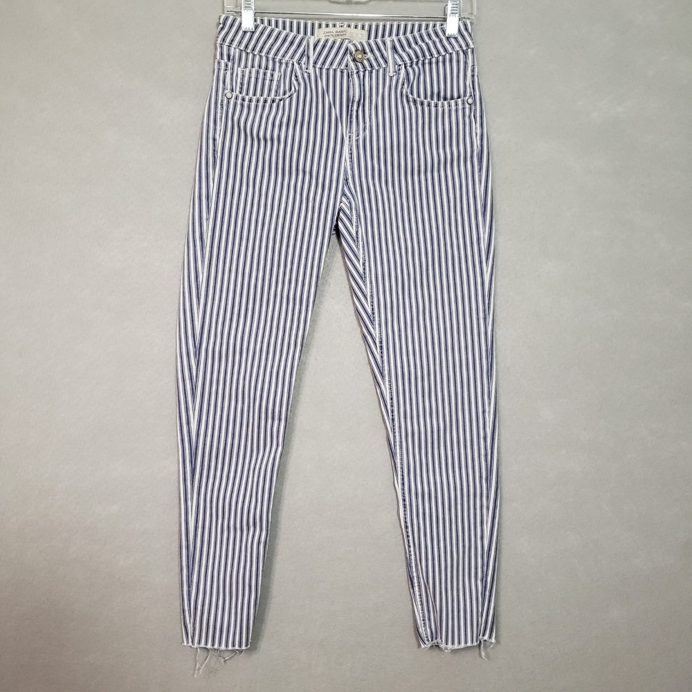 Zara Womens 6 Z1975 Skinny Jeans Blue White Striped Raw Hem Pearl Rivet 291625